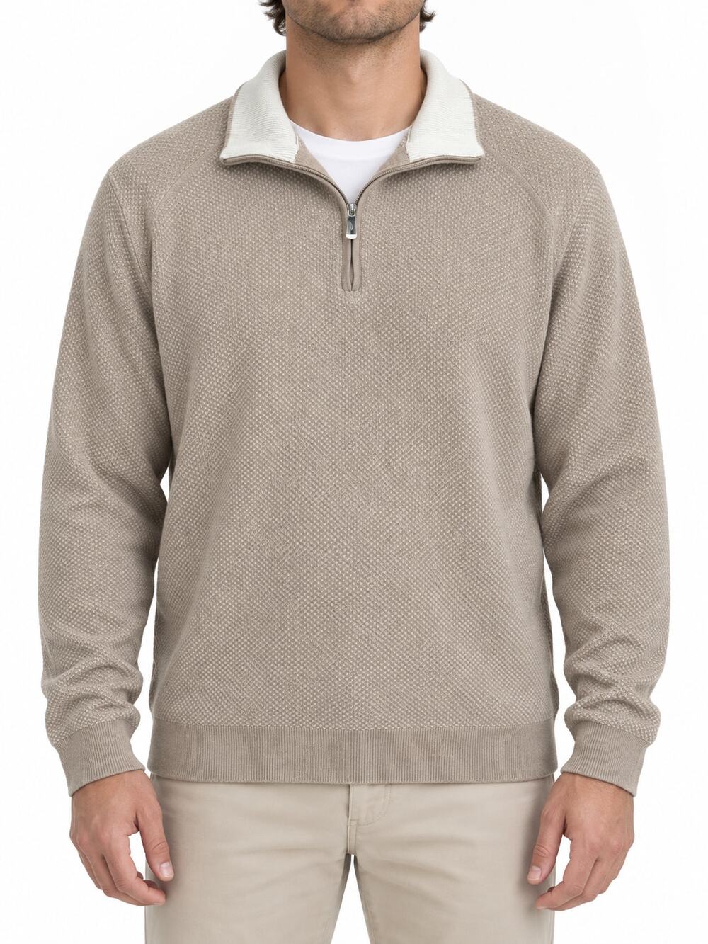 Tommy Bahama Men's XL Beige IslandZone Cotton Blend Textured Quarter-Zip Sweater